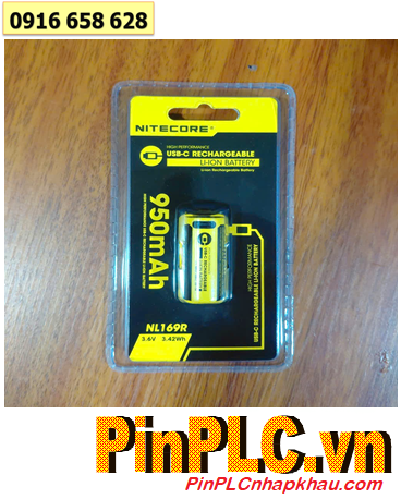 Nitecore NL169R; Pin sạc 16340 CR123A Nitecore NL169R 3.7v 950mAh 3.42Wh /Thân có cổng sạc USB-Type C